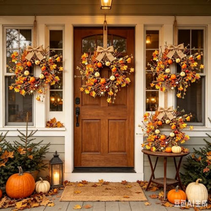 Fall Multi Mini Hanging Wreaths with Maple Leaves Pumpkins Berries Burlap Bow - Set of 4