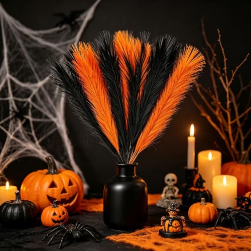 Black Orange Faux Pampas Grass Set - 17 Inch Halloween & Fall Decor, 30 Pieces