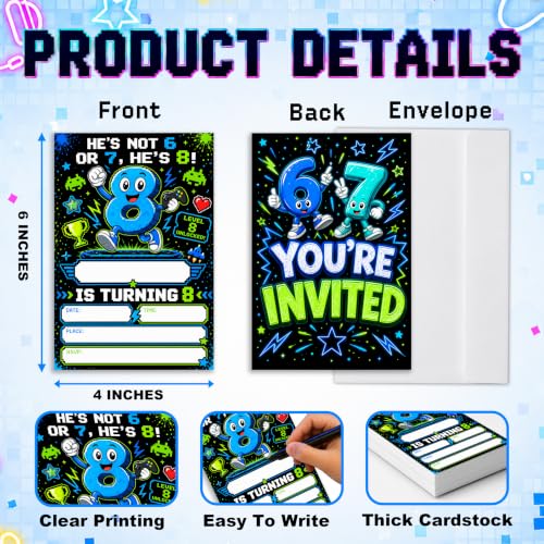 8th Boys Birthday Invitations Blue Party Invitations Gamer Teal Set