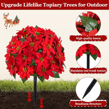 Artificial Poinsettia Topiary Trees - Red Holiday Outdoor Decor - 24 Inches - 2 Pack
