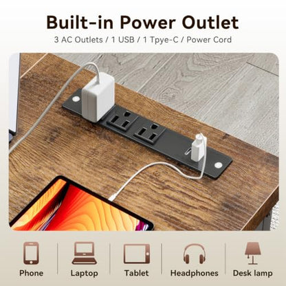 Long Computer Desk with Power Outlet - Rustic Brown, 71 Inch Heavy Duty Office & Gaming Table