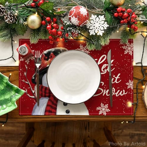 Red Snowman Placemats Set of 8 - 12x18 Inch Holiday Table Decor - Rectangular