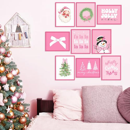 Set of 12 Pink Christmas Wall Art Prints - Holiday Holiday Decor, Snowman Santa Tree