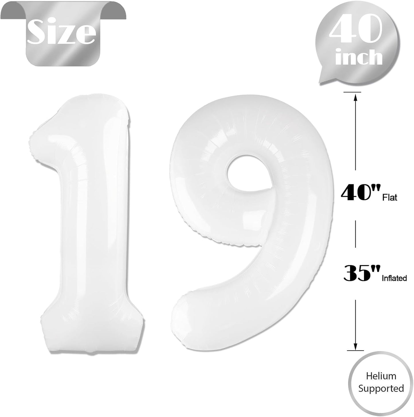 Number 19 Balloon by [Brand Name] - 40 Inch White 19th Birthday Decoration for Boys & Girls