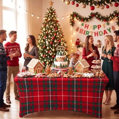 Christmas Plaid Spandex Tablecloth 6FT Red and Green Plaid - Fitted Holiday Table Cover - Variation: Plaid