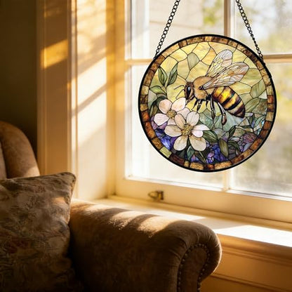 7.8 Inch Stained Glass Window Hanging Bee Suncatcher with Artistic Design - Yellow