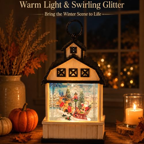 Christmas Snow Globe Lantern Santa Barn Scene - 11 Inch Holiday Decor