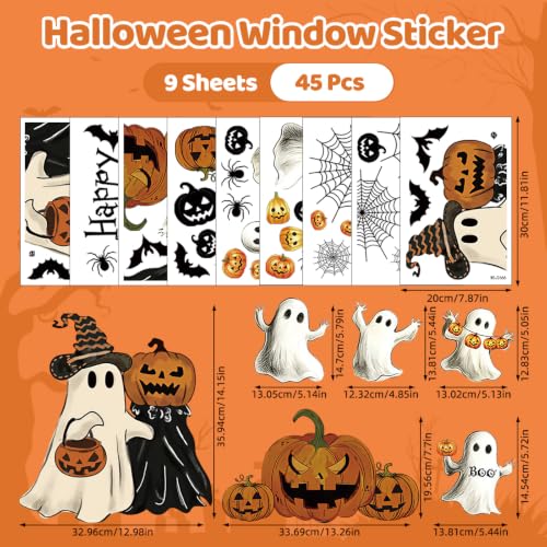 Halloween Window Clings - Classic Ghost & Pumpkin Design, Double-Sided, 45PCS, Removable Decorations for Home & Parties