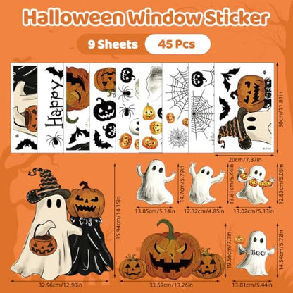 Halloween Window Clings - Classic Ghost & Pumpkin Design, Double-Sided, 45PCS, Removable Decorations for Home & Parties
