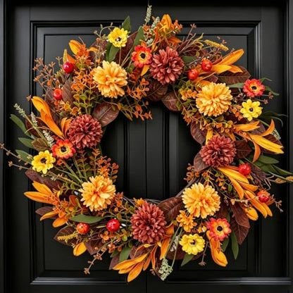 Autumn Orange Hydrangea Wreath - 22-Inch Fall Front Door Decor with Pumpkins & Berry Accents