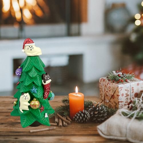 Mini Resin Christmas Tree with Cat Figurines - 5.1 Inch Green Decoration for Cat Lovers