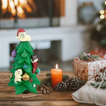 Mini Resin Christmas Tree with Cat Figurines - 5.1 Inch Green Decoration for Cat Lovers