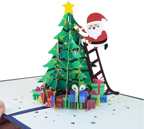 3D Christmas Tree Pop-Up Card - Merry Christmas Design with Santa Claus | Includes Envelope & Message Note