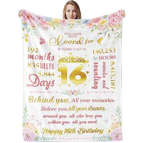 Sweet 16 Birthday Gifts for Girls, 50x60 Happy 16th Birthday Throw Flannel Blanket, Sweet 16 Year Old Girl Birthday Gift Ideas for Sixteen Daughter Sister, Pink Floral 16 Bday Decorations for Friends