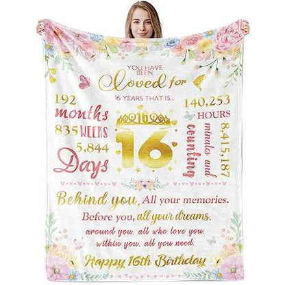Sweet 16 Birthday Gifts for Girls, 50x60 Happy 16th Birthday Throw Flannel Blanket, Sweet 16 Year Old Girl Birthday Gift Ideas for Sixteen Daughter Sister, Pink Floral 16 Bday Decorations for Friends