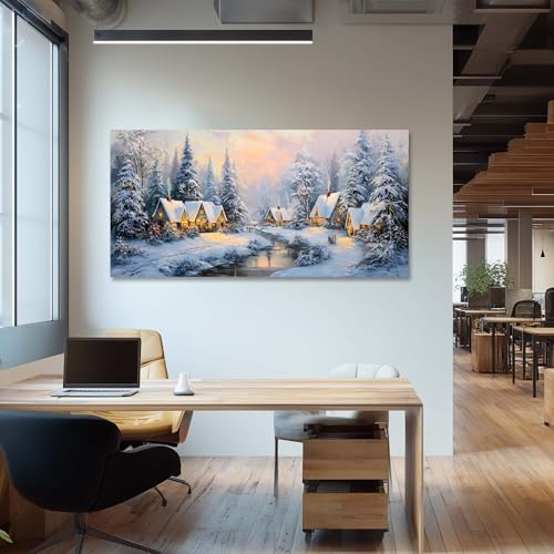40-Inch White Retro Cabin Wall Art Canvas Print - Winter Forest Scene