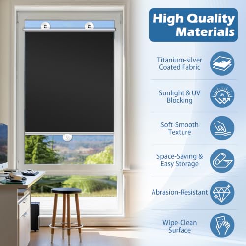 2 Pack Blackout Roller Shades with Suction Cups for Windows - Portable & No Drill Installation