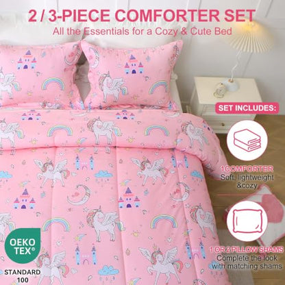 Pink Unicorn Kids Twin Comforter Set - Microfiber Bedding for Girls