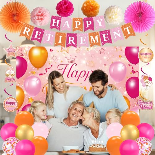 Holkcog Pink Orange Retirement Party Decorations Set - Banner, Balloons, Fans