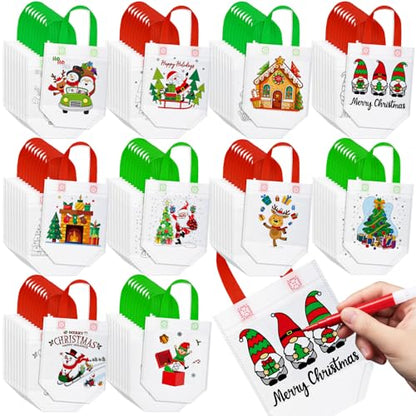 100 Pcs Christmas Coloring Goodie Gift Bags for Kids - Santa, Elf, Elk Designs