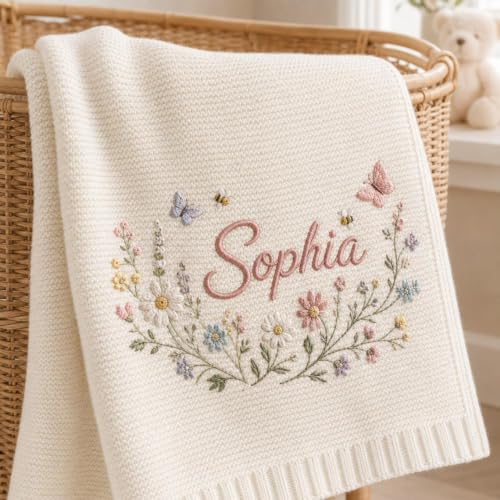 Personalized Baby Blanket - Soft Breathable Cotton Knit with Embroidered Name, Style 7 - Newborn Gift & Baby Shower Present