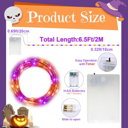 Halloween Fairy Lights with Timer - Orange & Purple Battery-Operated Mini String Lights