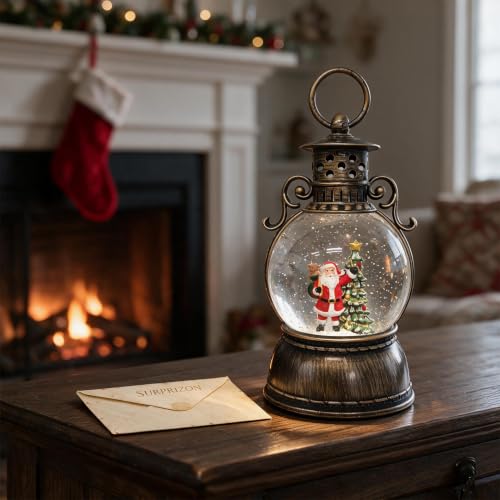 Christmas Snow Globe Lantern with Music & LED Lights - Santa Scene, USB & Battery Powered