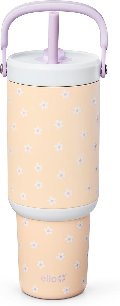 Ello Oasis Go+ 32oz Tumbler - Reusable Insulated Stainless Steel Cup with Retracting Straw | Daisies, 100% Leakproof