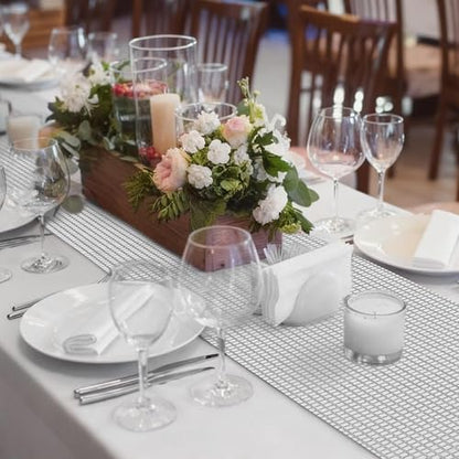 Silver Disco Party Table Runner 6 Pack, 11 x 108 Inch Glitter Sequin Decor