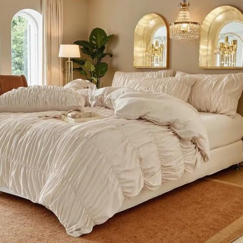 Full Beige Ruched Duvet Cover Set 3 Pieces with Pillowcases - Luxury Bedding