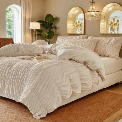 Full Beige Ruched Duvet Cover Set 3 Pieces with Pillowcases - Luxury Bedding