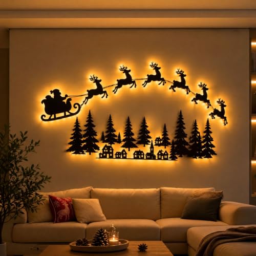 12PCS LED Reindeer Wall Decor - Light-Up Wooden Christmas Decorations - Reindeer and Tree Set