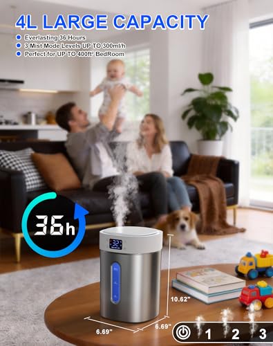 Large Stainless Steel Humidifier for Bedroom and Home, 4L Tank, Night Light & Timer