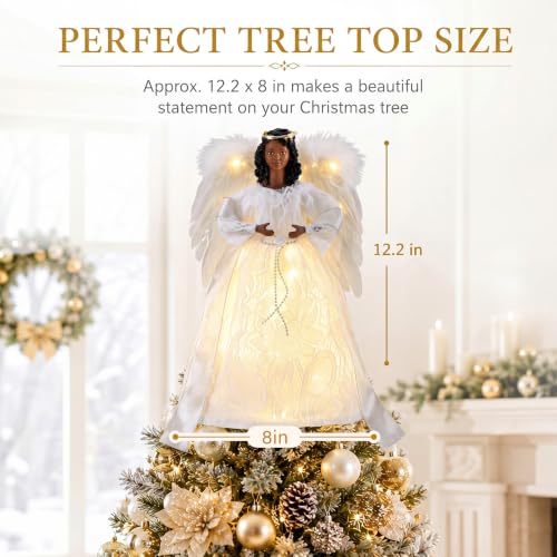 Black Angel Christmas Tree Topper with White Wings - Elegant 12.2 Inch Decor - White / Elegant