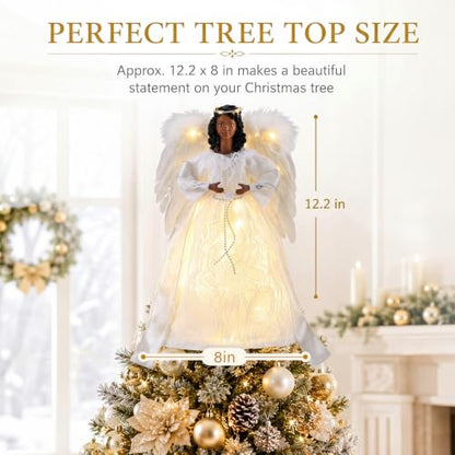 Black Angel Christmas Tree Topper with White Wings - Elegant 12.2 Inch Decor - White / Elegant