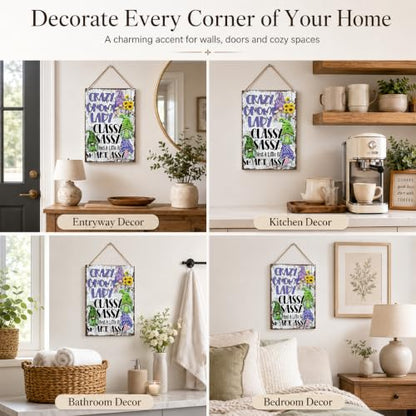 Funny Gnome Decor - Crazy Gnome Lady Sign, Rustic Wooden Wall Art - Style 01