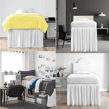 Dorm Room Bed Skirt - Extra Long Twin XL Ruffled Microfiber, White 27" Drop