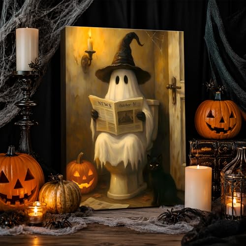 Halloween Ghost Bathroom Canvas Wall Art 8x12 Inches - Spooky Toilet Scene - Dark Halloween Home Decor - Pictures15
