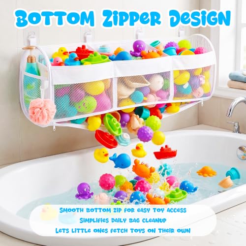 Large Bath Toy Storage Organizer with 3 Compartments and Zipper Access