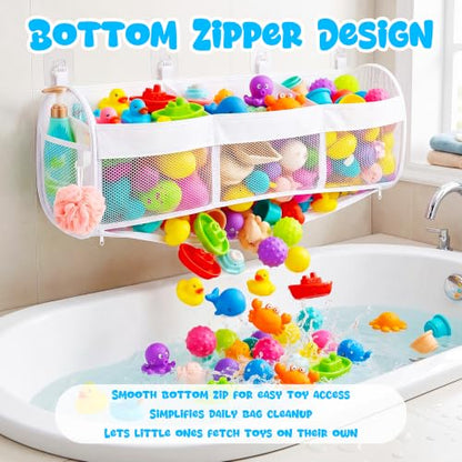 Large Bath Toy Storage Organizer with 3 Compartments and Zipper Access