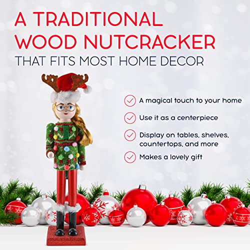 15-Inch Wooden Nutcracker Girl Christmas Decor for Holiday Table or Mantel