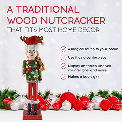 15-Inch Wooden Nutcracker Girl Christmas Decor for Holiday Table or Mantel
