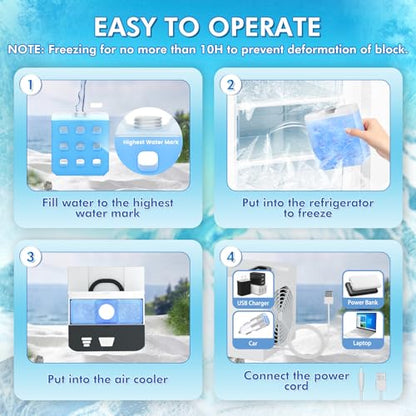 White Portable Air Conditioner, Mini Cooler with 3 Speeds, Anti-Leak Ice Personal AC for Room Desk Office Tent