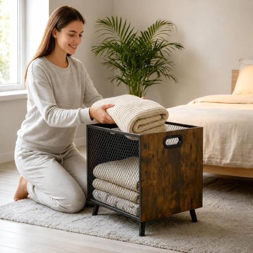 67L Rustic Wood & Mesh Blanket Basket - Brown Variation