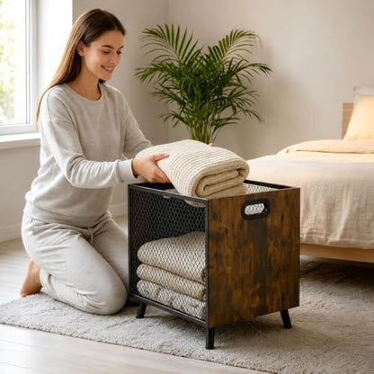 67L Rustic Wood & Mesh Blanket Basket - Brown Variation