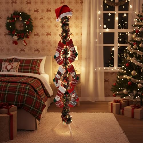 Christmas Stocking Holder Stand with 8 Hooks - Freestanding Wooden Decor