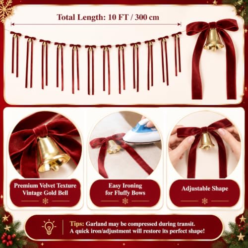 10 ft Christmas Velvet Bow Garland with Jingle Bells and Red Ribbon