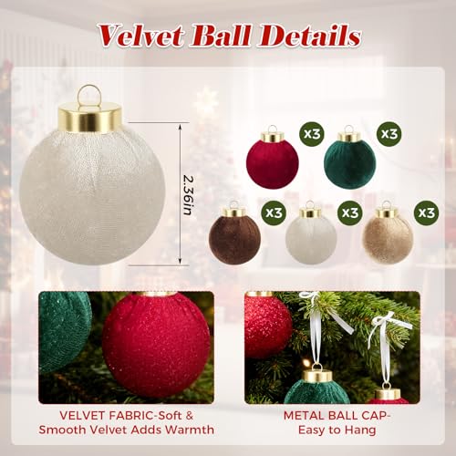 Christmas Velvet Ornaments Set with Bows - 30 Pieces Holiday Decorations