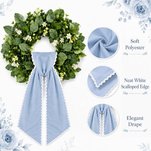 2-Piece Dusty Blue Wreath Sash with Scalloped Trim for Front Door Decor