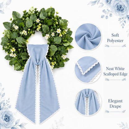 2-Piece Dusty Blue Wreath Sash with Scalloped Trim for Front Door Decor